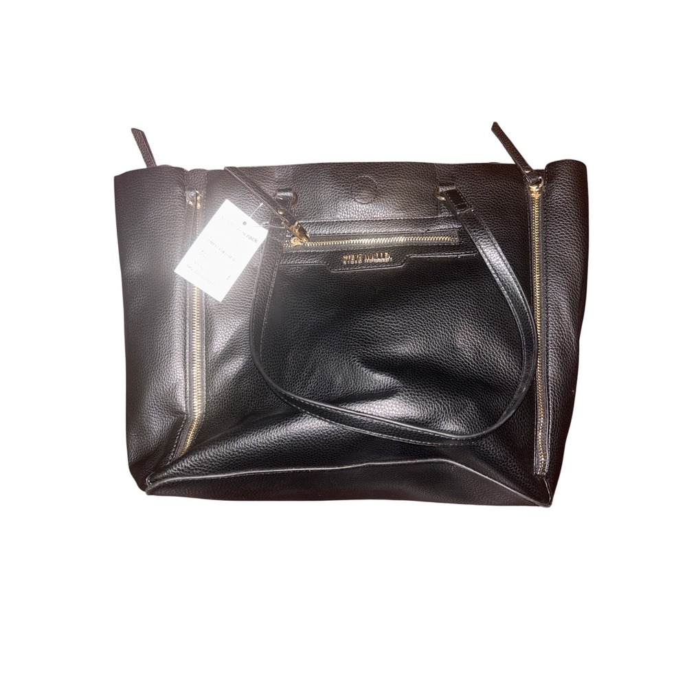 Steve Madden Black Pebbled Faux Leather Tote Bag Gold Zipper Pockets NWT